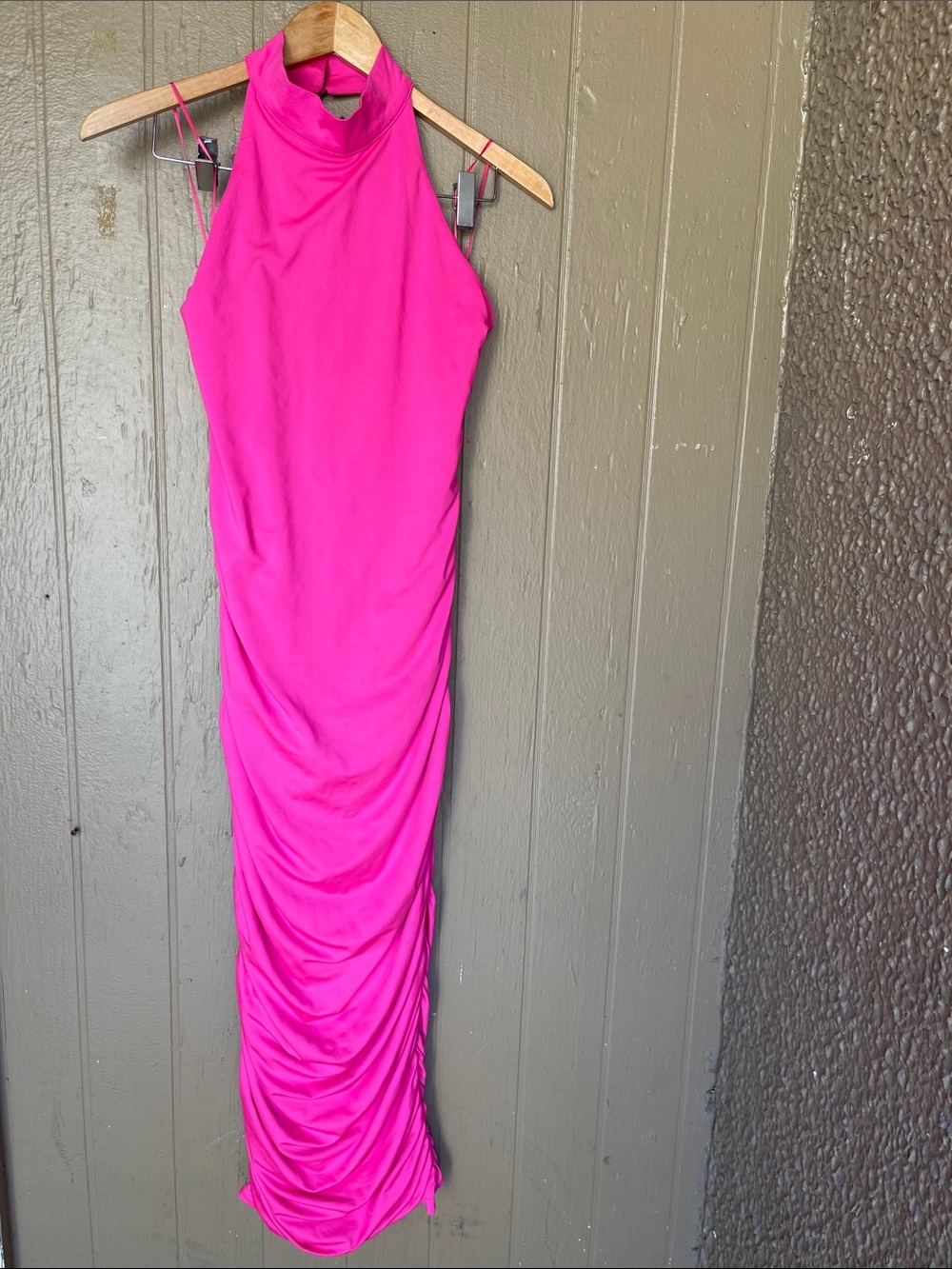 Revolve Superdown Mallory High Neck Ruched Midi Dress in Hot Pink Size M